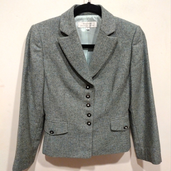 Tahari Arthur S. Levine Aqua Blue Tweed Wool Silk Blend Blazer Sz 2-Retro Career - Picture 1 of 7
